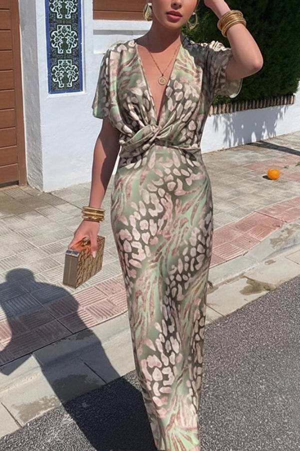 Satin Leopard Twist Front Deep V Bodycon Maxi Dress