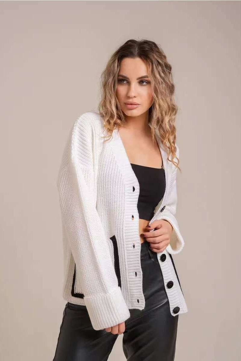 Pocket Color Block V Neck Cardigan