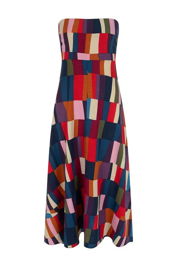 Retro Chic Linen Blend Colorful Color Block Strapless Back Smocked Midi Dress