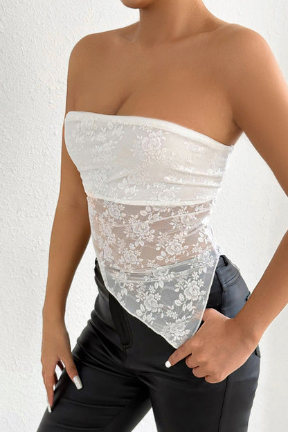 Off Shoulder Lace Trim Ruched Halter Top