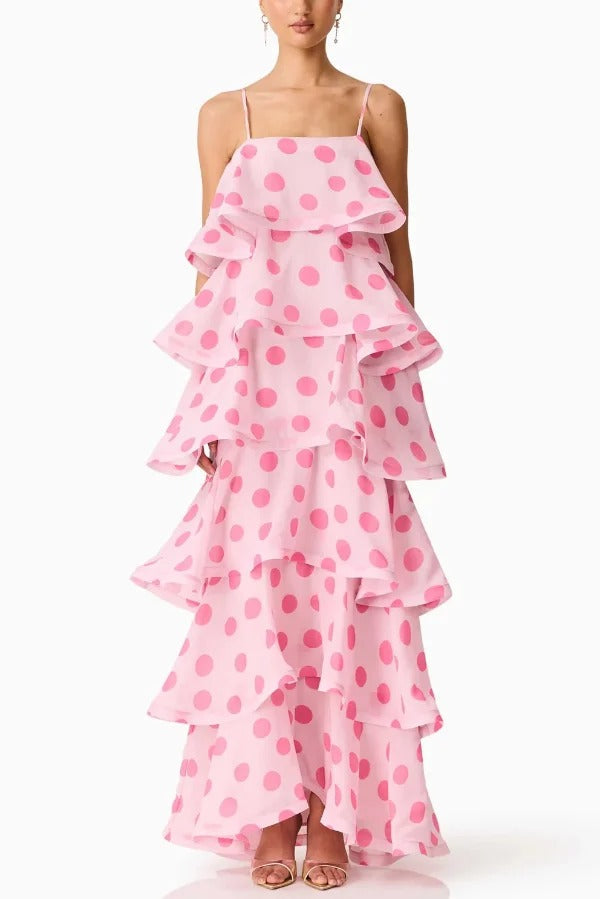 Polka Dot Print Layered Square Neck Suspender Casual A-line Maxi Dress