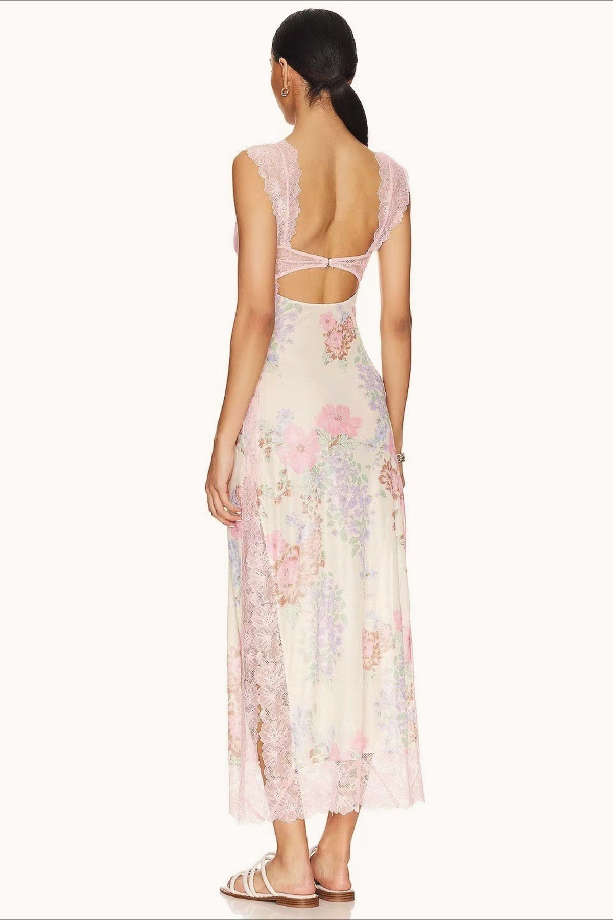 Lace Patchwork Strap Backless Slit Maxi Floral Dress
