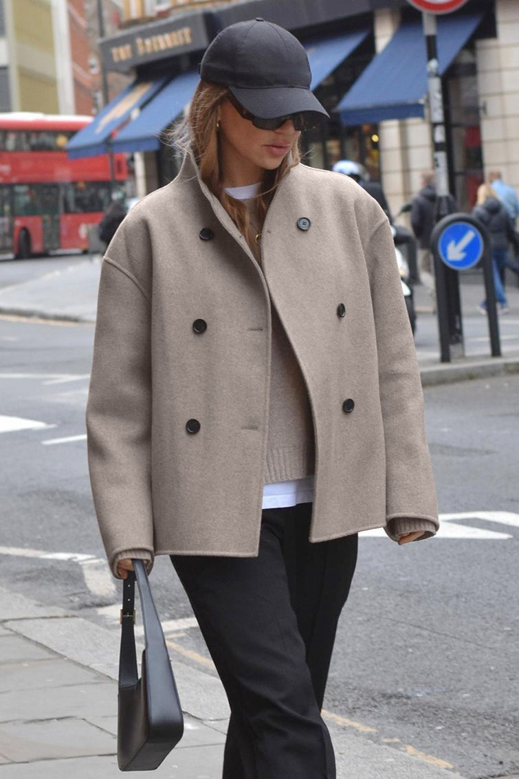 Brown Double Breasted Wool Blend Coat