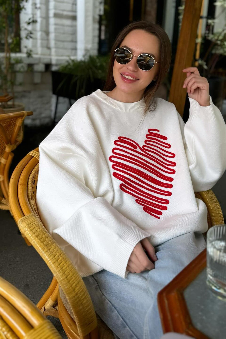 Red Heart Line Knit Sweater
