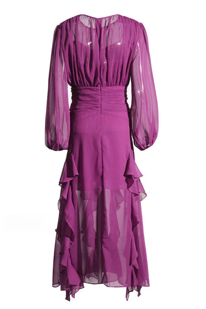 Chiffon Bishop Sleeve High Neck Ruched Waist Cascading Ruffle Tier Maxi Dress