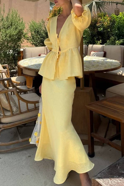Linen Two-Piece Set with Tie-Front V-Neck Puff Sleeve Peplum Top & High-Waist Midi Skirt