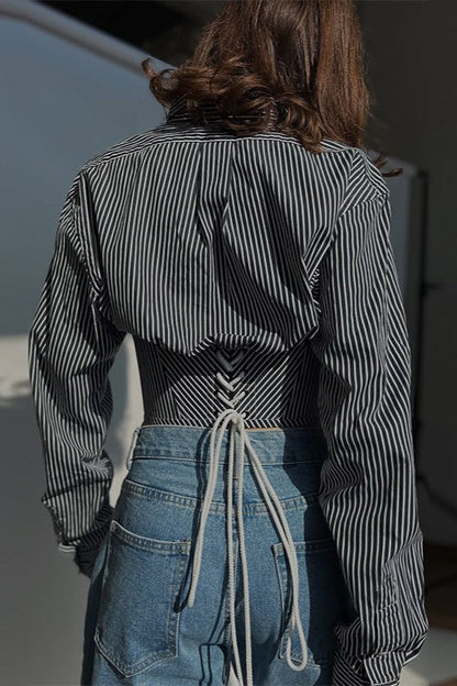 Striped Waist Tie Blouse
