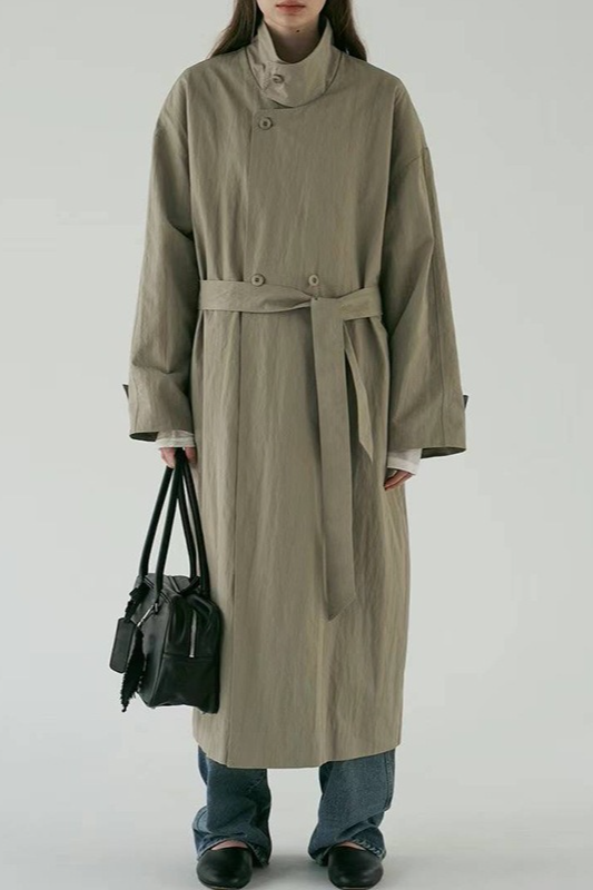 Silhouette Stand Collar Minimalist Commuting Long Trench Overcoat