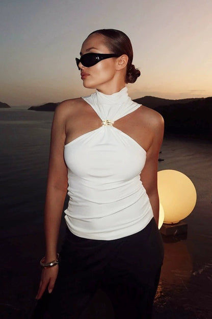 High Neck Metal Ring Sleeveless Off Shoulder Halter Top