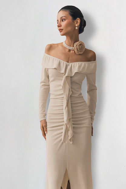 Off Shoulder Sweetheart Ruffle Flounce Long Sleeve Ruched Front Slit Midi Dress