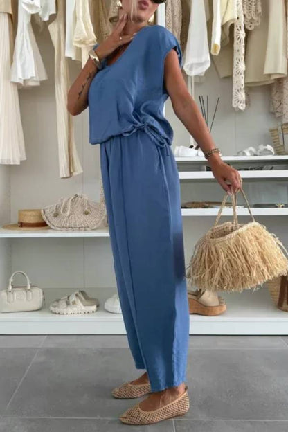 Leva Linen Blend Drawstring Short Sleeve Top and Elastic Waist Pocket Loose Tapered Pants