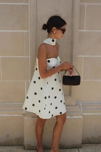 Polka Dot Strapless Ruched Bust A-Line Mini Dress