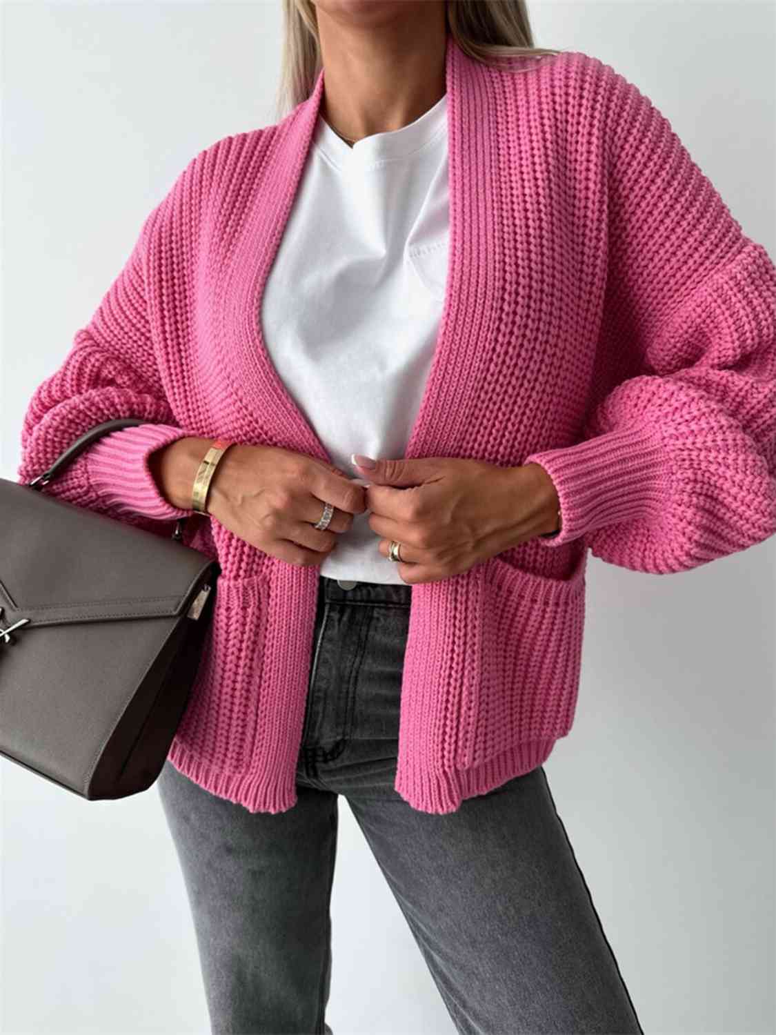 Solid Color V-neck Long-sleeved Casual Knitted Cardigan