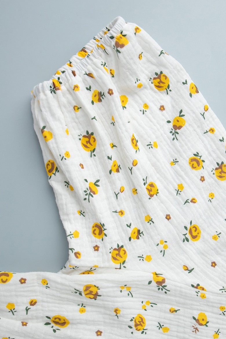 Cotton Printed V Neck Puff Sleeve Floral Dress