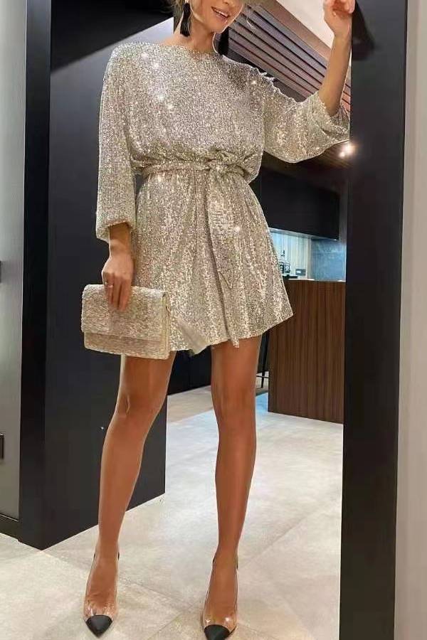Boat Neck All Over Sequin Waist Tie 3/4 Sleeve Mini Party Dress