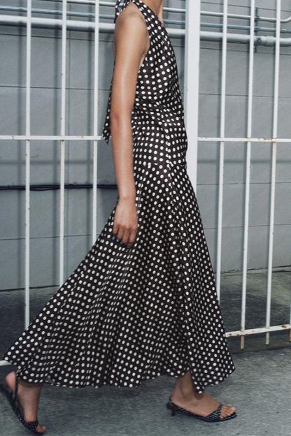 Polka Dot Halter Neck Deep V-Neck Maxi Dress