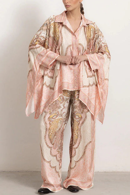 Julia Paisley Print Batwing Sleeve Irregular Hem Blouse and Elastic Waist Pocket Loose Pants Set