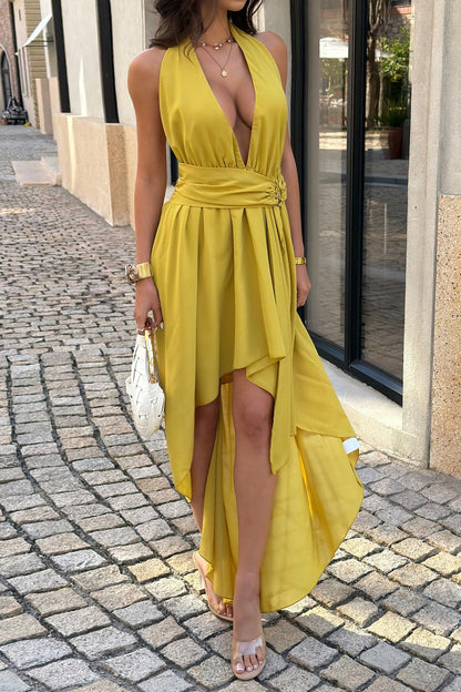 Deep V Ruched Asymmetrical Hem Midi Dress
