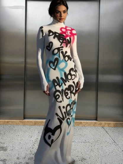 High Neck Graffiti Color Block Bodycon Maxi Dress