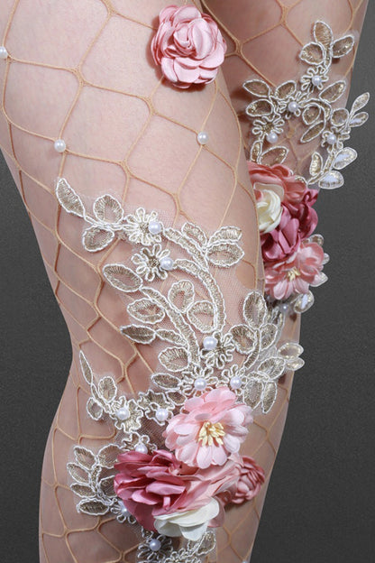 Embroidered Flower Pearl Nude Fishnet Tights