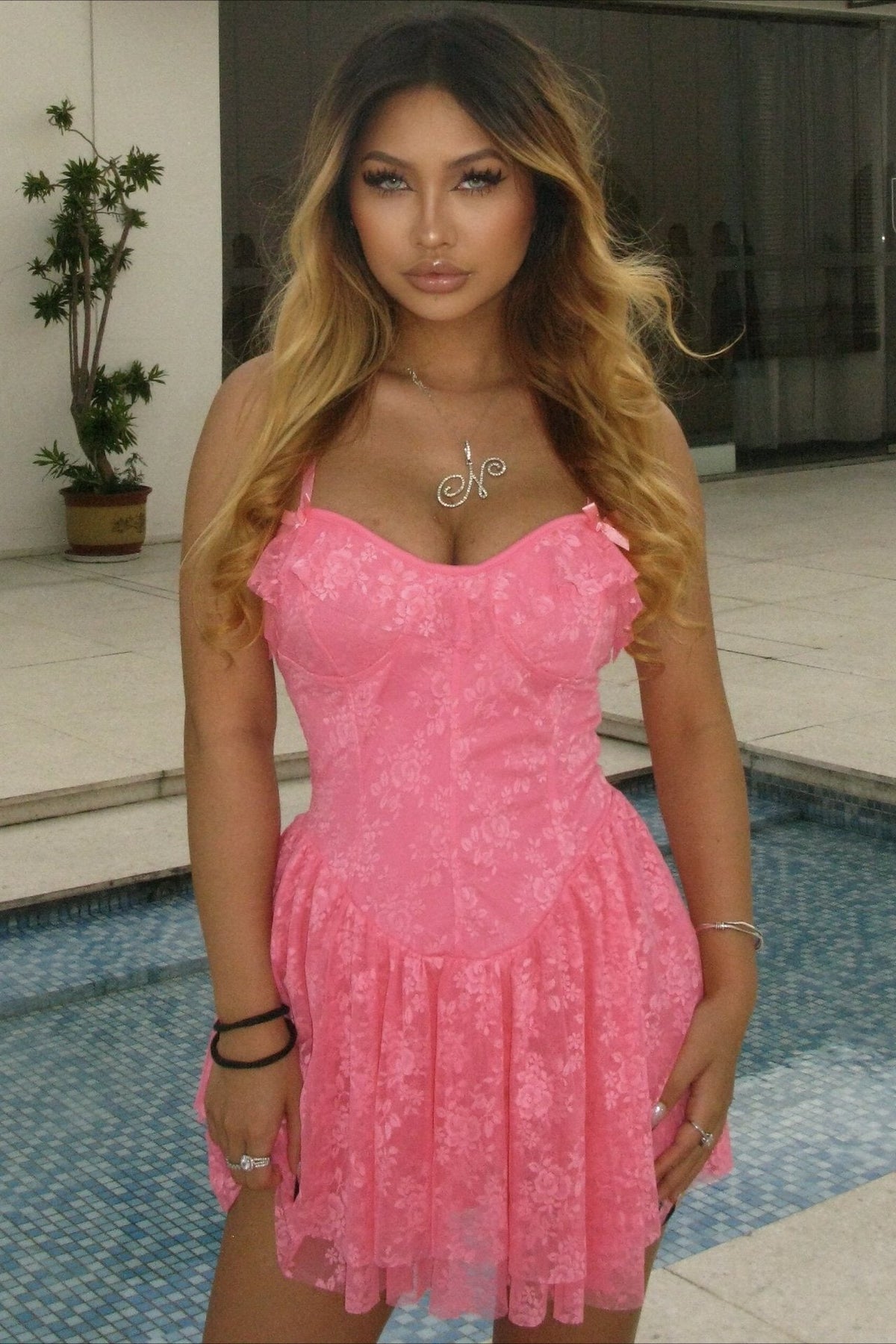 Solid V Neck Ruffled Lace Dress
