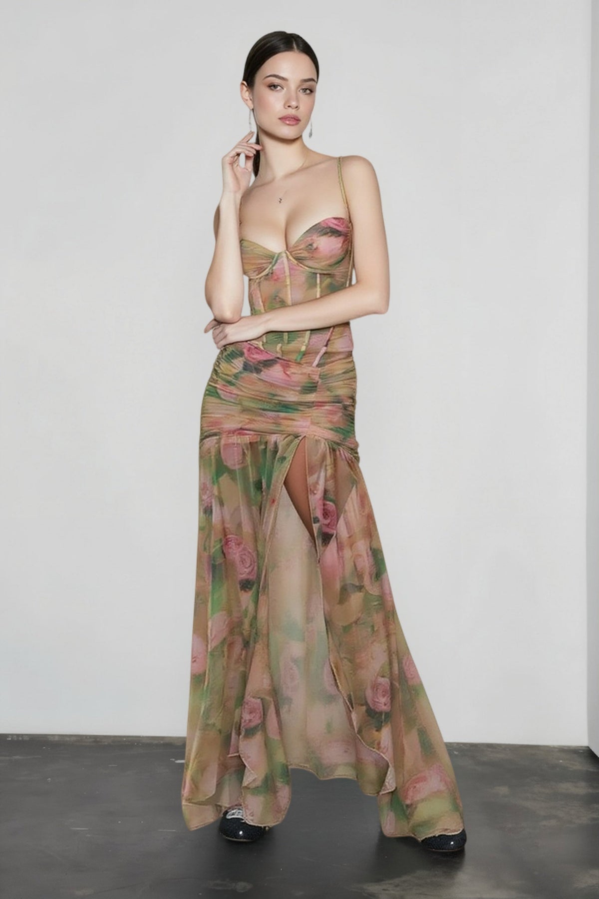 Sexy Print High Waist Slit Cami Vacation Dress