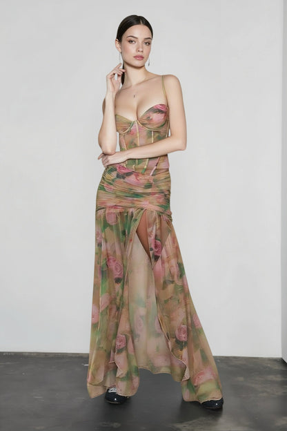 Sexy Print High Waist Slit Cami Vacation Dress