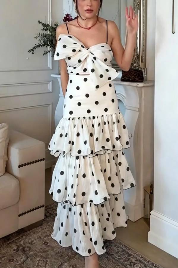 Gerrie Linen Blend Polka Dot Bow Smocked Top and High Rise Tiered Hem Maxi Skirt Set