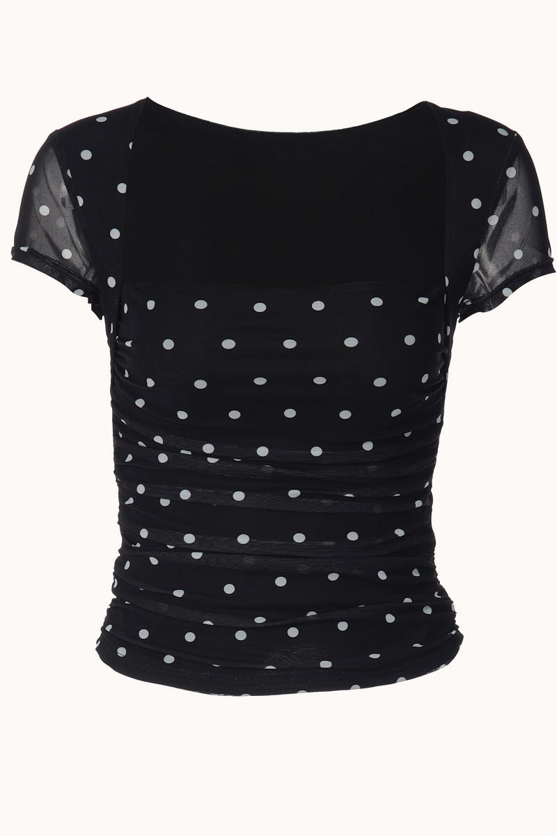 Polka Dot Mesh Patchwork Square Neck Tee