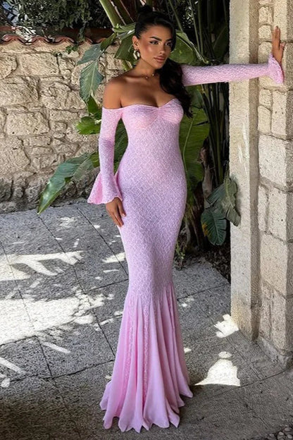 Sequin Off Shoulder Sweetheart Long Bell Sleeve Mermaid Formal Gown