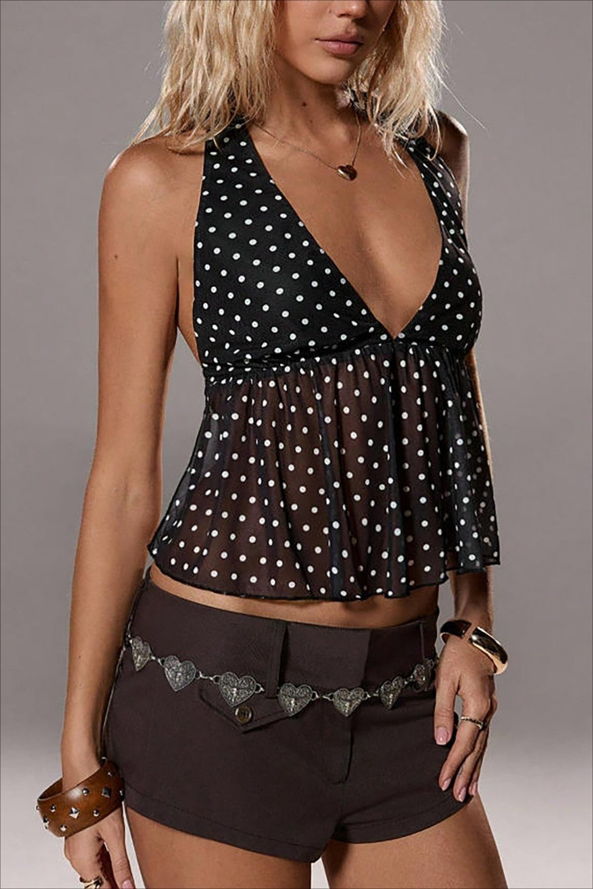 Polka Dot Deep V Ruffle Tie Neck Halter Top