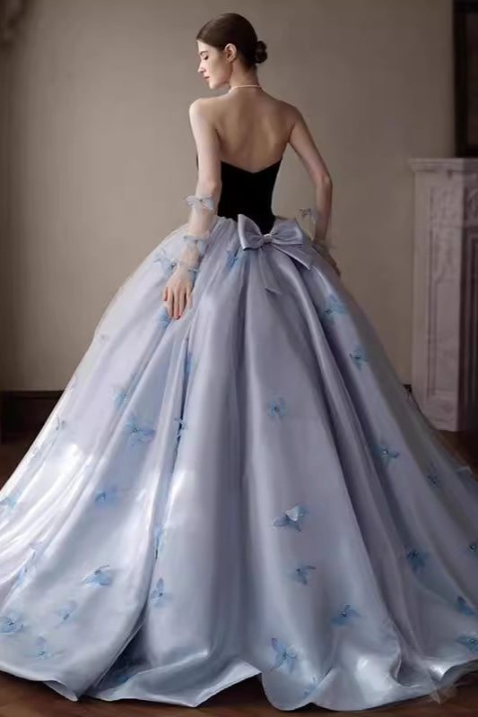 Floral Applique Strapless Ball Gown Prom Dress