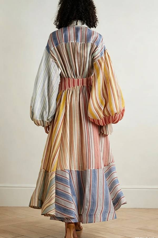 Rainbow Linen Blend Patchwork Striped Button Balloon Sleeve Wrap Shirt Midi Dress