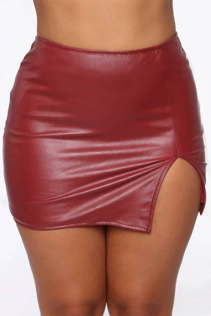 High‑Waist Faux Leather Slit Bodycon Mini Skirt