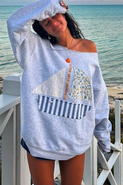 Sailboat Patchwork Off Shoulder Sweatshirt