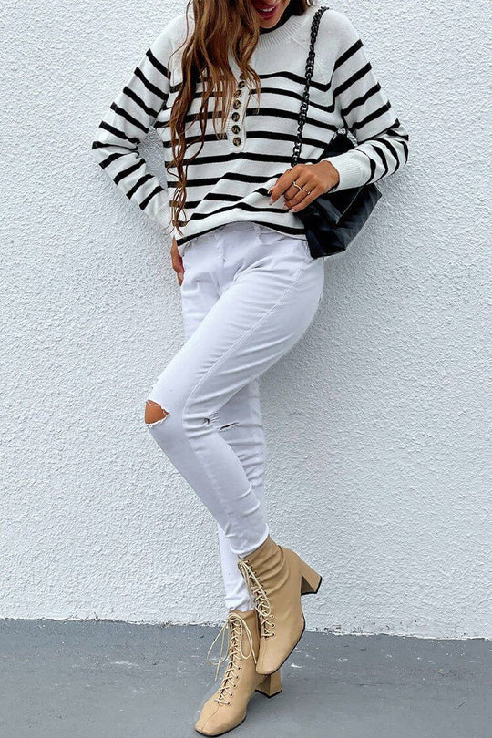 Women’s Crew Neck Button Raglan Sleeves Striped Sweater