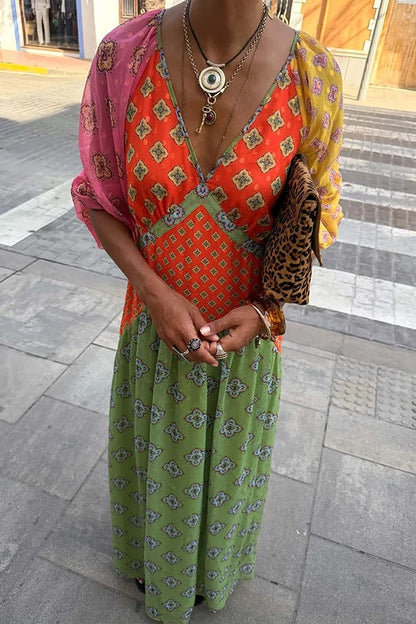 Genovah Colorful Tile Print Patchwork V-neck Balloon Sleeve Maxi Dress