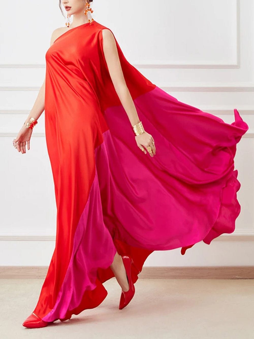 Red One Shoulder Cape Sleeve Satin Draped Kaftan Maxi Dress