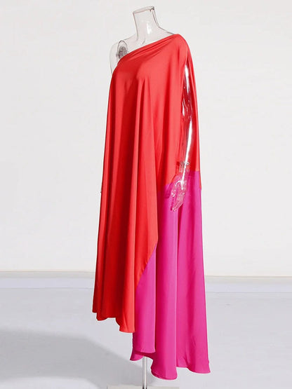 Red One Shoulder Cape Sleeve Satin Draped Kaftan Maxi Dress