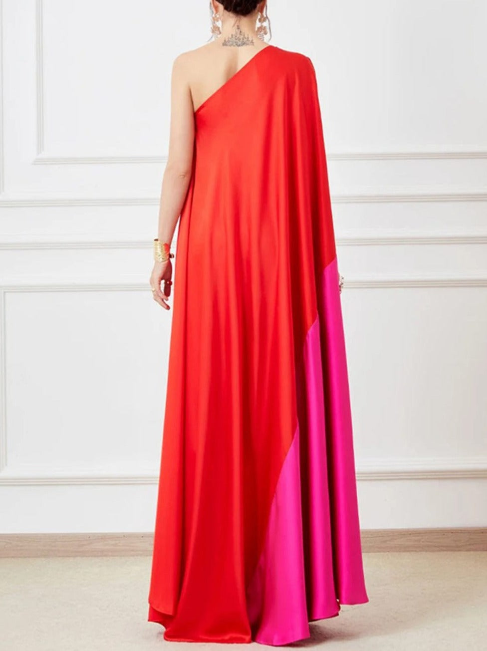 Red One Shoulder Cape Sleeve Satin Draped Kaftan Maxi Dress