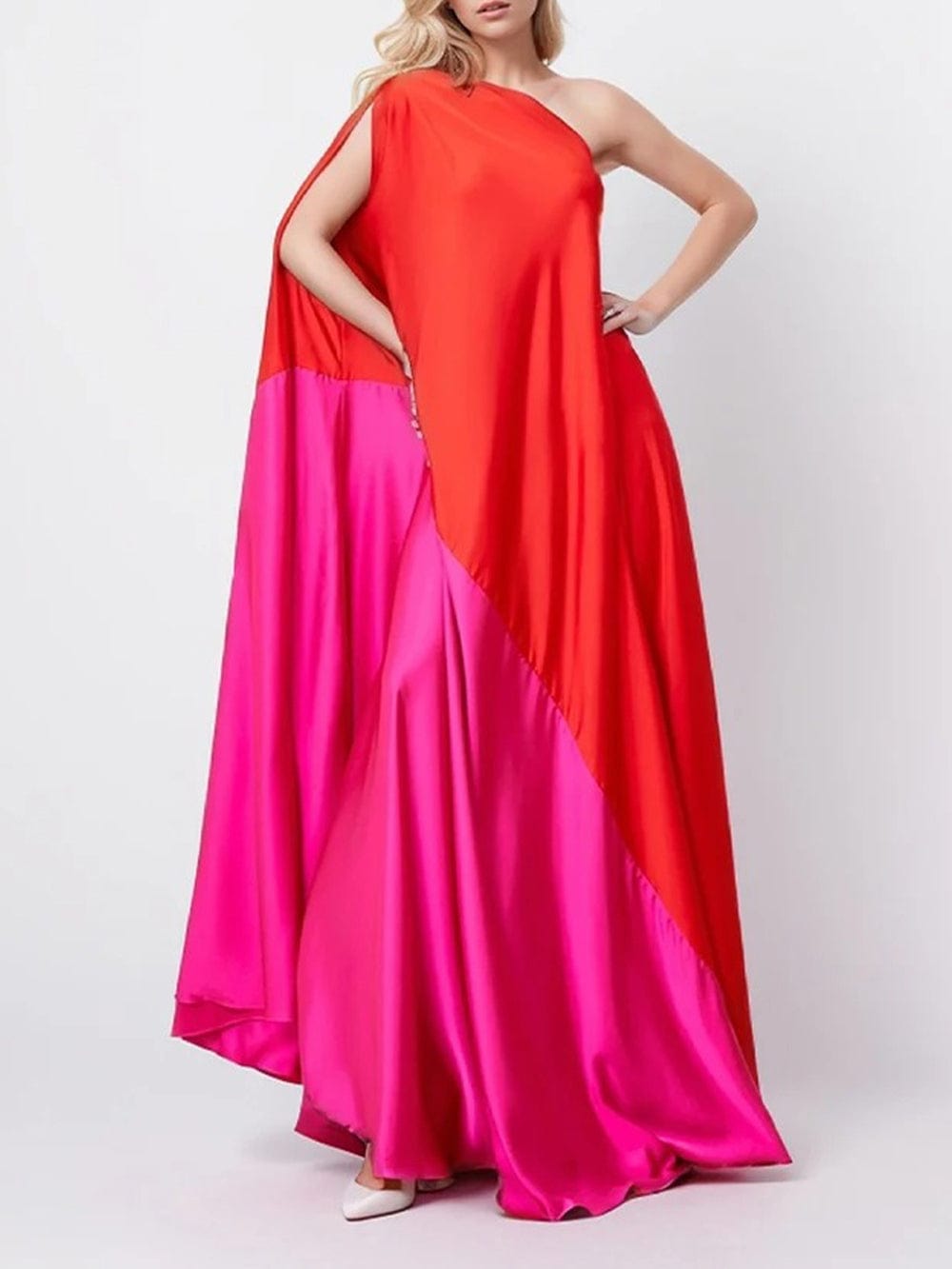 Red One Shoulder Cape Sleeve Satin Draped Kaftan Maxi Dress