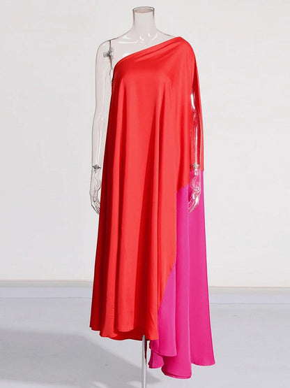 Red One Shoulder Cape Sleeve Satin Draped Kaftan Maxi Dress