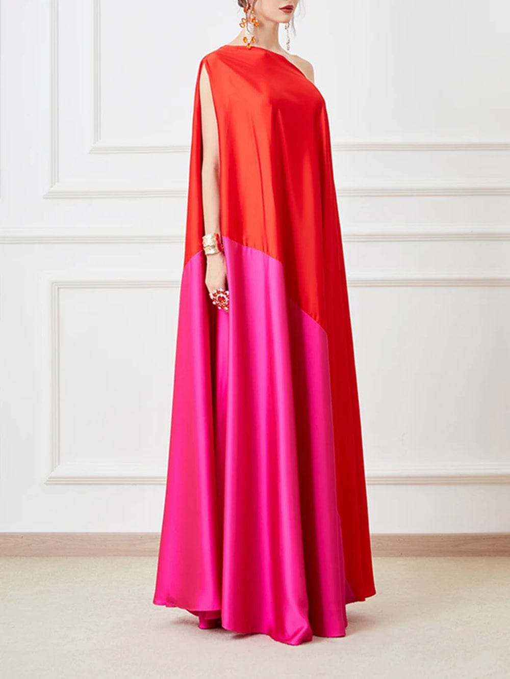Red One Shoulder Cape Sleeve Satin Draped Kaftan Maxi Dress