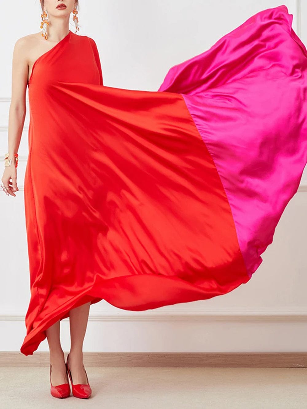 Red One Shoulder Cape Sleeve Satin Draped Kaftan Maxi Dress