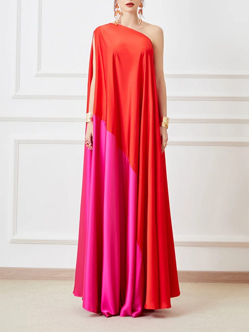 Red One Shoulder Cape Sleeve Satin Draped Kaftan Maxi Dress