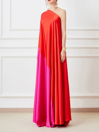 Red One Shoulder Cape Sleeve Satin Draped Kaftan Maxi Dress
