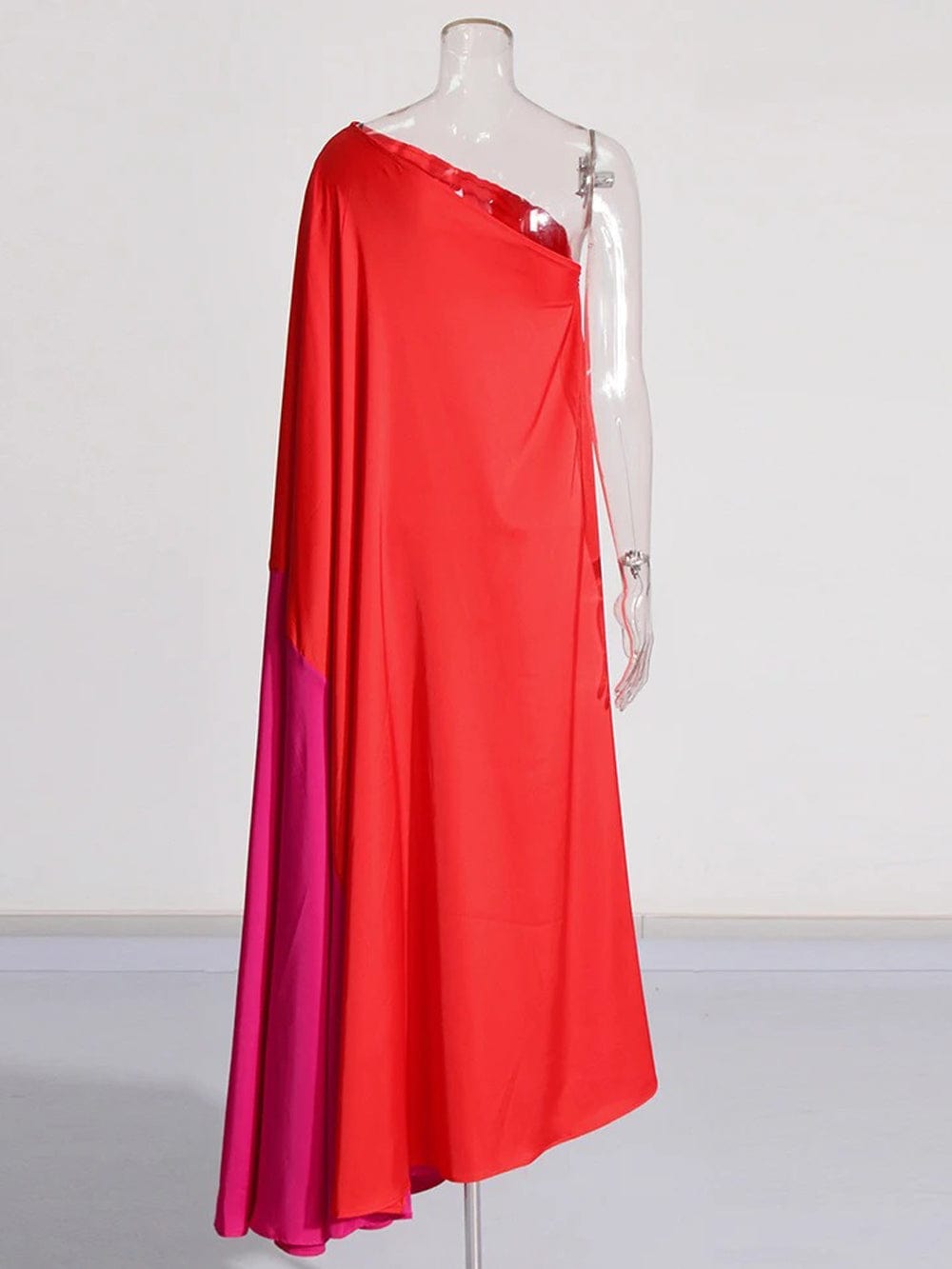 Red One Shoulder Cape Sleeve Satin Draped Kaftan Maxi Dress