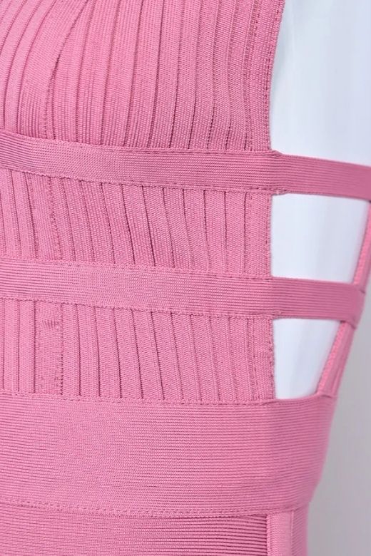 Ballet Pink Deep V-Neck Cage Cut Out Bandage Bodycon Midi Dress
