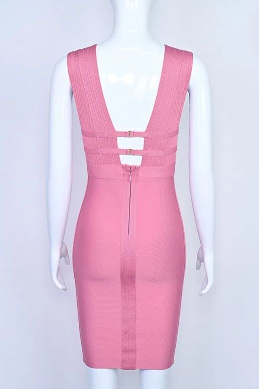 Ballet Pink Deep V-Neck Cage Cut Out Bandage Bodycon Midi Dress