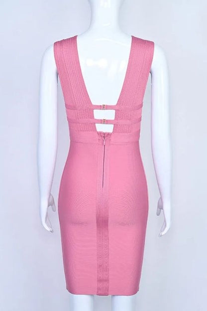 Ballet Pink Deep V-Neck Cage Cut Out Bandage Bodycon Midi Dress
